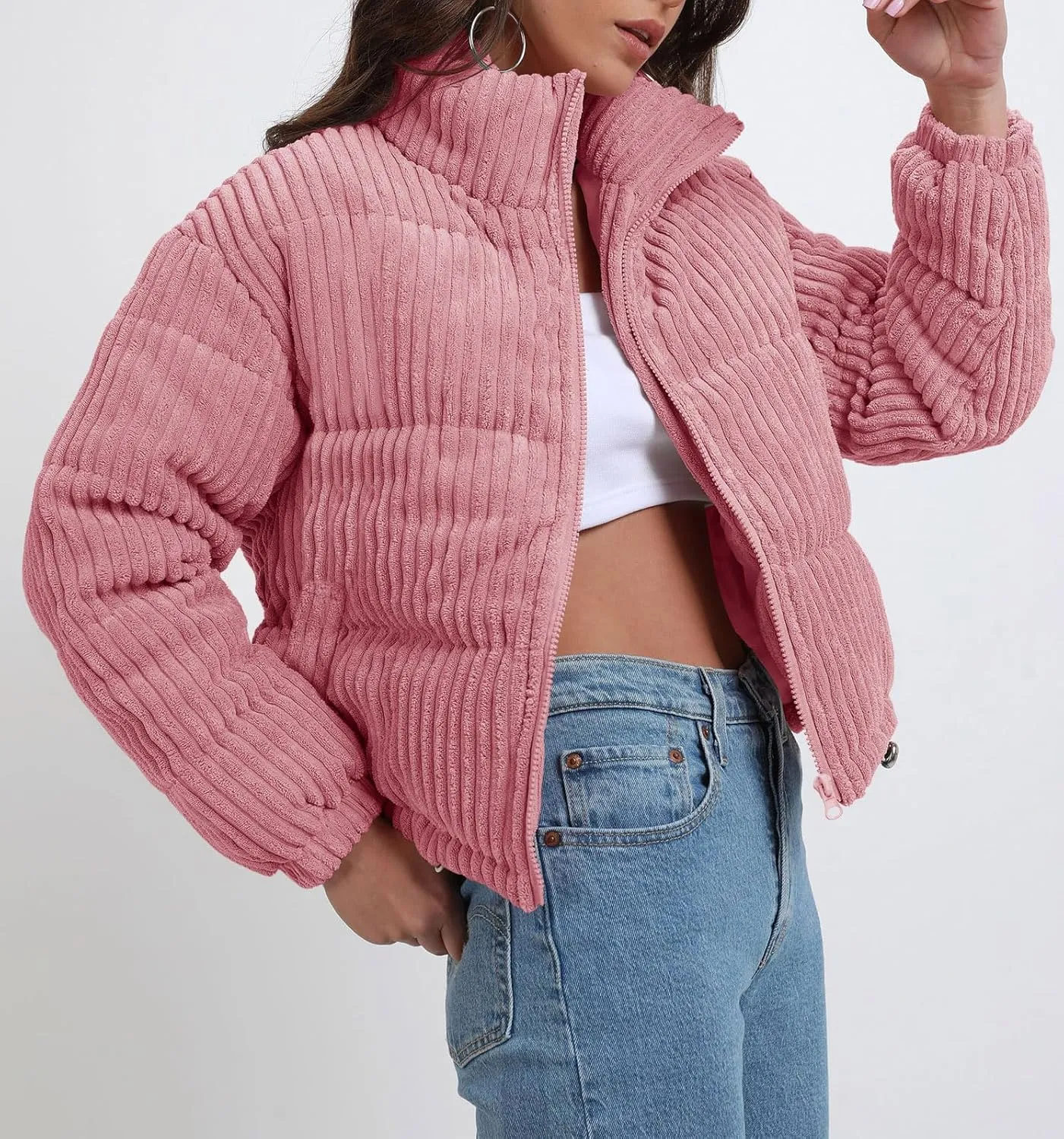 Fisoew Corduroy Puffer Jacket Women Long Sleeve Cropped Winter Coat Zip Up Stand Collar Short Warm Outerwear