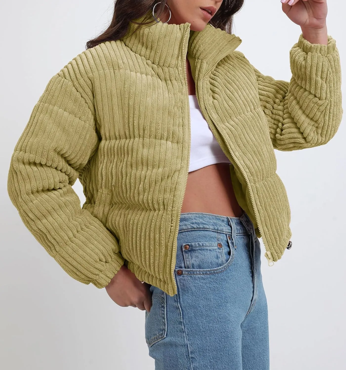 Fisoew Corduroy Puffer Jacket Women Long Sleeve Cropped Winter Coat Zip Up Stand Collar Short Warm Outerwear
