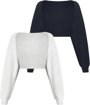 Floerns Women's 2 Pcs Plus Size Long Sleeve Rib Knit Cropped Cardigan Shrug Sweaters