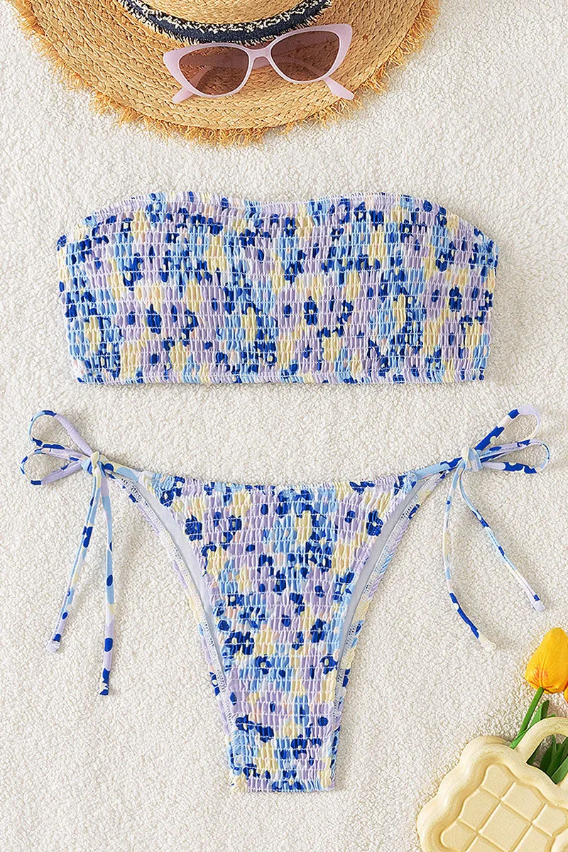 Floral Print Strap Shirred Girly Tie Side Bikini