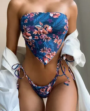Flower Bandeau Bikini Women Swimwear Female Swimsuit Two-pieces Bikini set Strapless Brazilian Bather Bathing Suit Swim V2844