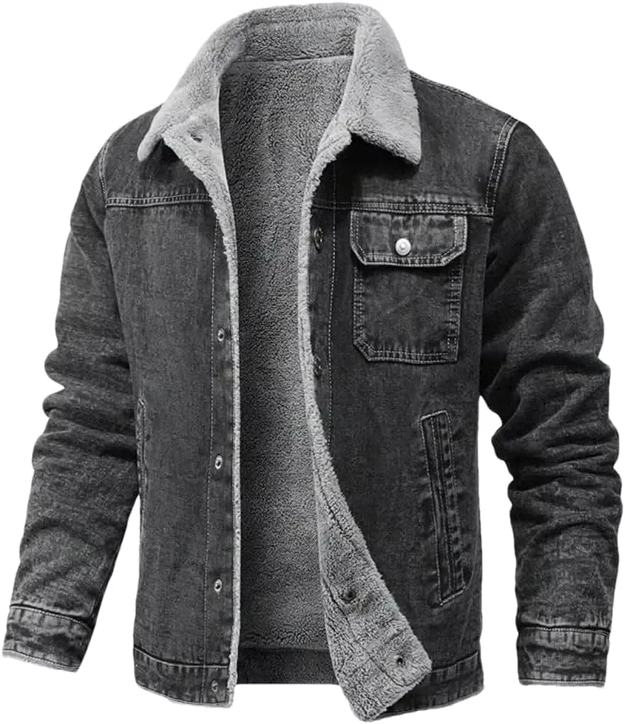 Fnfmrfmr Men's Winter Lapel Lamb Hair Thickened Denim Jacket Casual Tight Warm Cotton Padded Coat