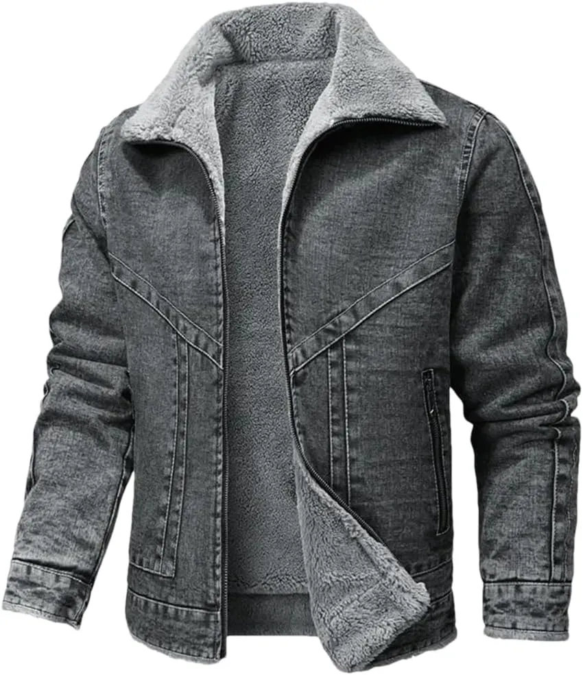 Fnfmrfmr Men's Winter Lapel Lamb Hair Thickened Denim Jacket Casual Tight Warm Cotton Padded Coat