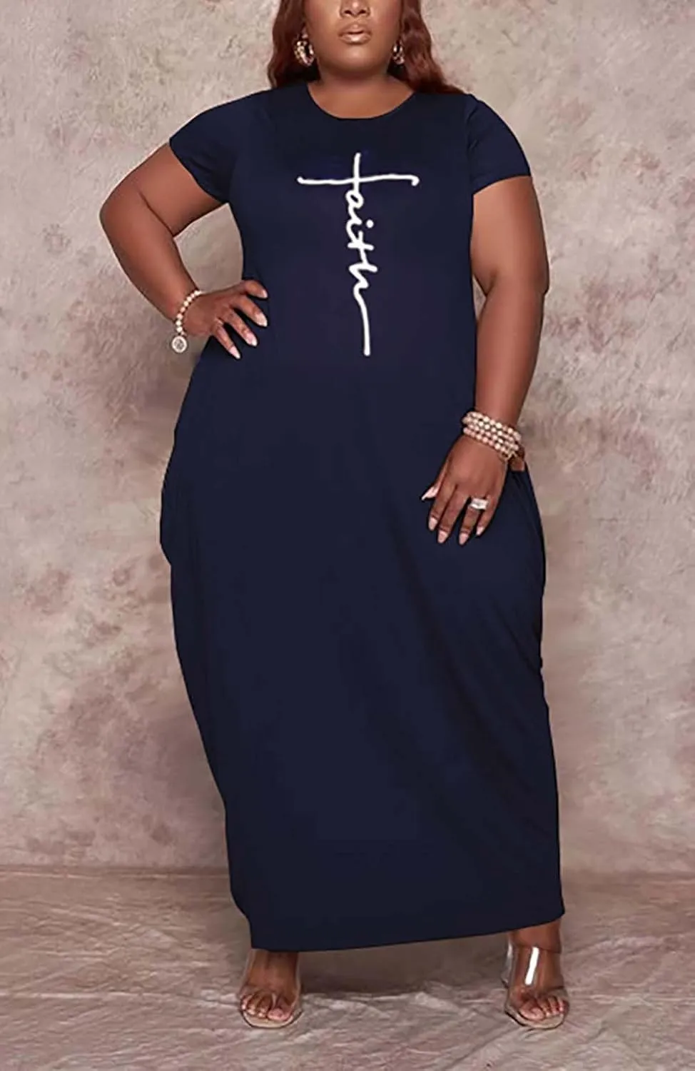 Fooullaide Women Casual Plus Size Dress Summer Short Sleeve V Neck T Shirt Loose Oversize Flowy Long Dresses with Pocket