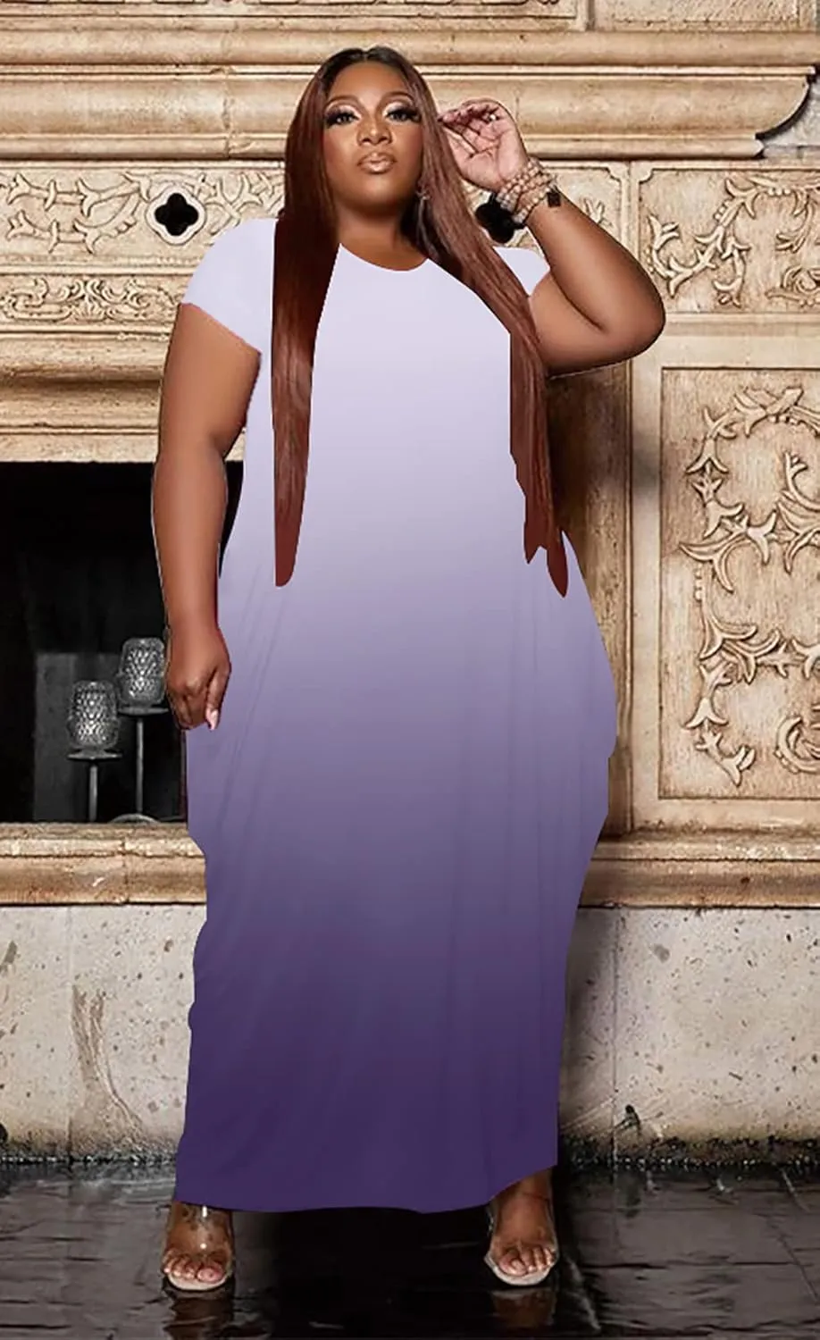 Fooullaide Women Casual Plus Size Dress Summer Short Sleeve V Neck T Shirt Loose Oversize Flowy Long Dresses with Pocket