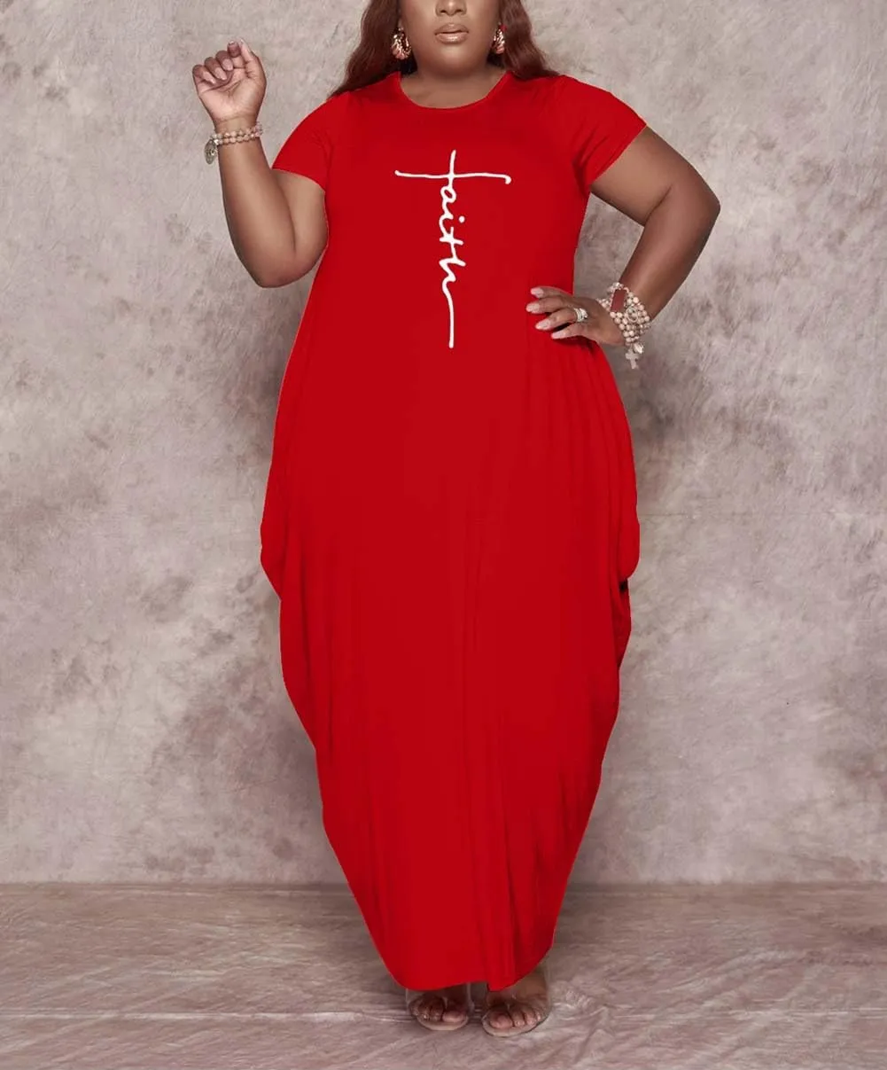 Fooullaide Women Casual Plus Size Dress Summer Short Sleeve V Neck T Shirt Loose Oversize Flowy Long Dresses with Pocket