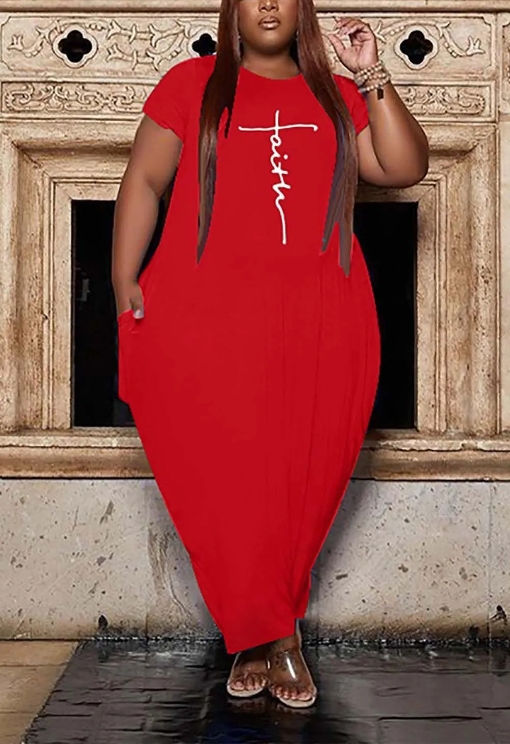 Fooullaide Women Casual Plus Size Dress Summer Short Sleeve V Neck T Shirt Loose Oversize Flowy Long Dresses with Pocket