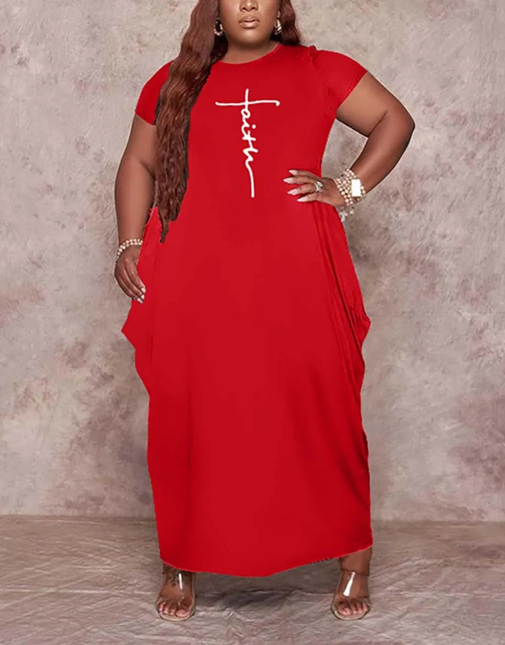 Fooullaide Women Casual Plus Size Dress Summer Short Sleeve V Neck T Shirt Loose Oversize Flowy Long Dresses with Pocket