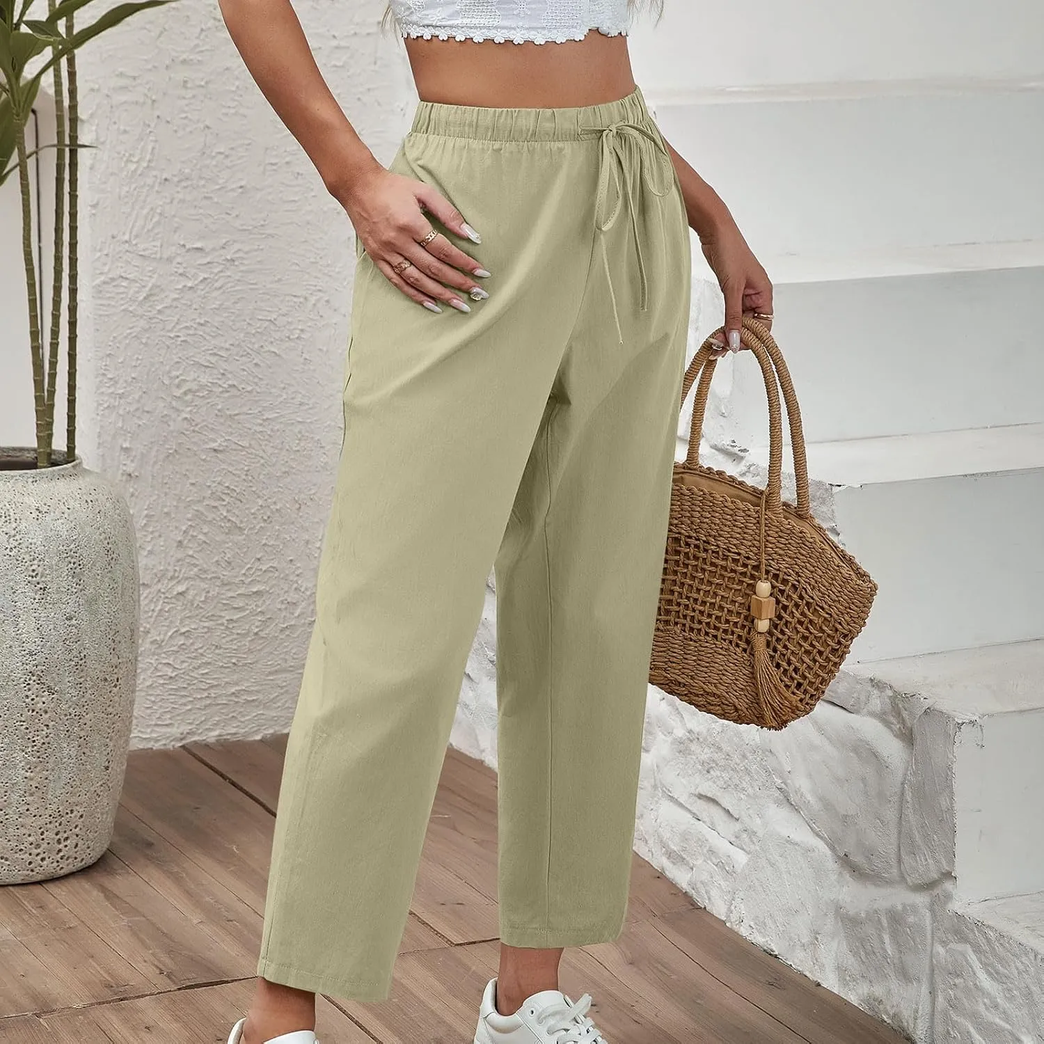 FZYLQY Capri Pants for Women Casual 2025 Summer Drawstring Elastic High Waist Cotton Linen Straight Wide Leg Cropped Trouser