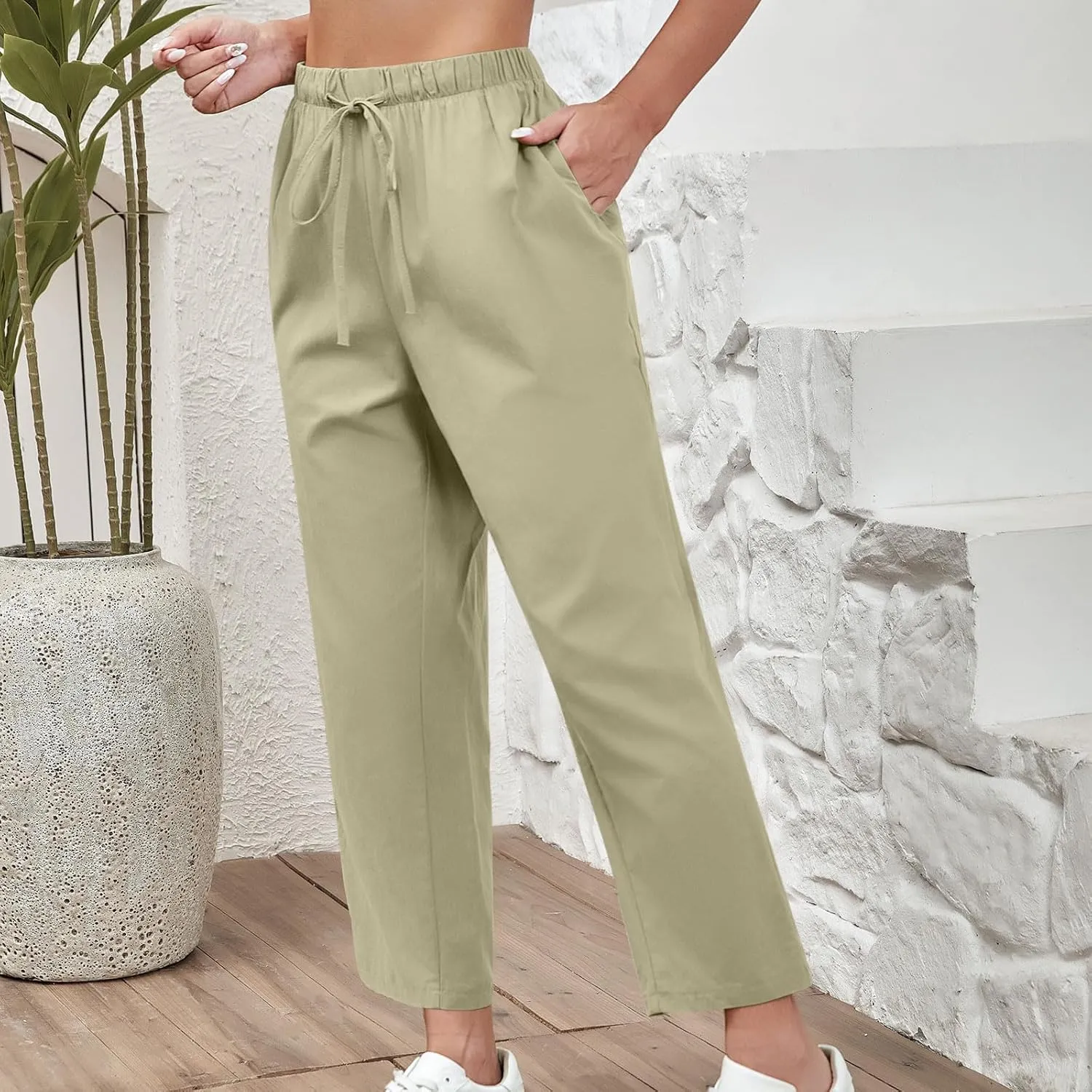 FZYLQY Capri Pants for Women Casual 2025 Summer Drawstring Elastic High Waist Cotton Linen Straight Wide Leg Cropped Trouser