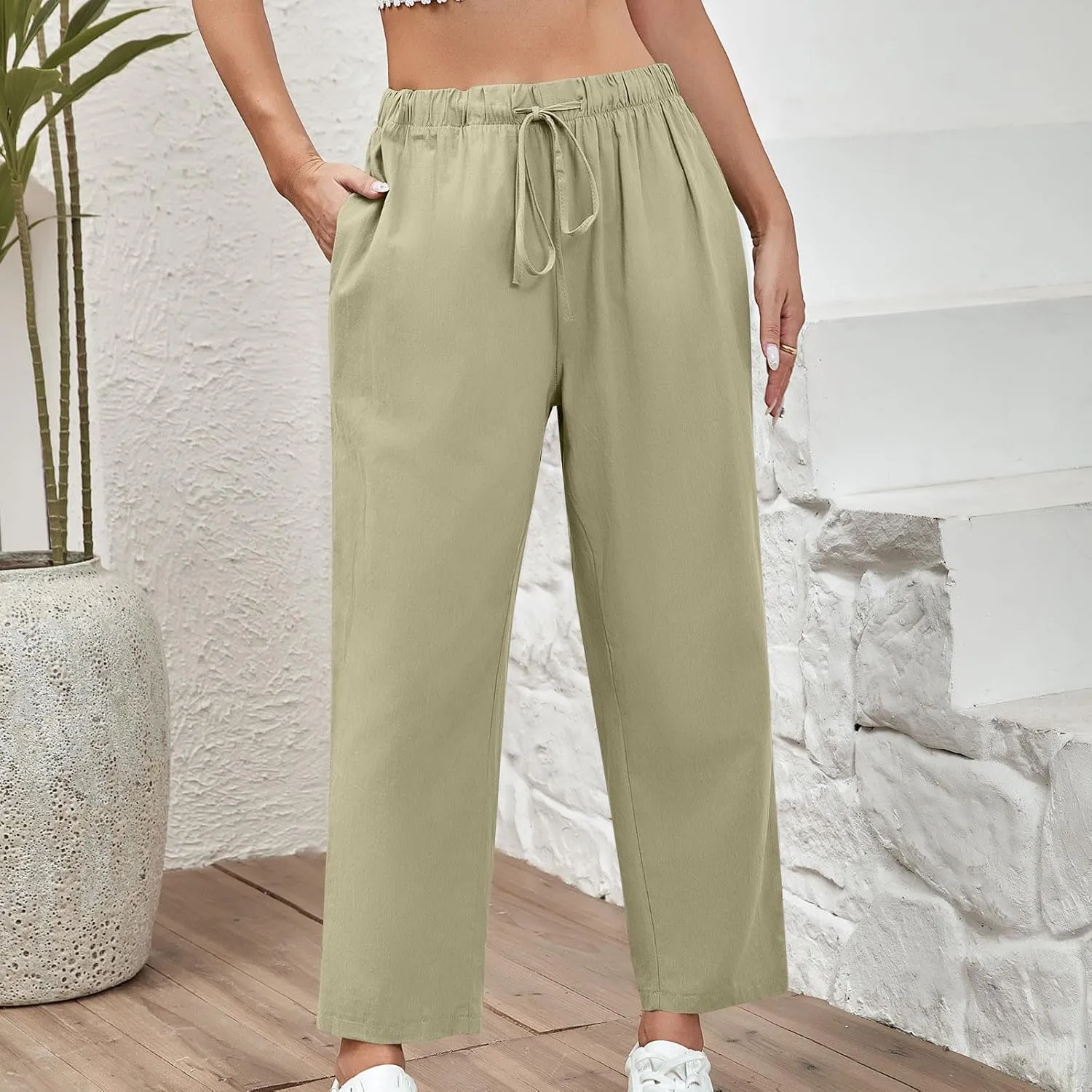 FZYLQY Capri Pants for Women Casual 2025 Summer Drawstring Elastic High Waist Cotton Linen Straight Wide Leg Cropped Trouser
