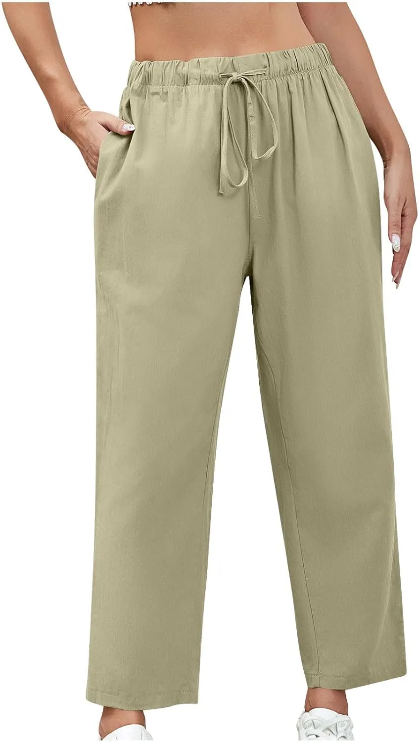 FZYLQY Capri Pants for Women Casual 2025 Summer Drawstring Elastic High Waist Cotton Linen Straight Wide Leg Cropped Trouser