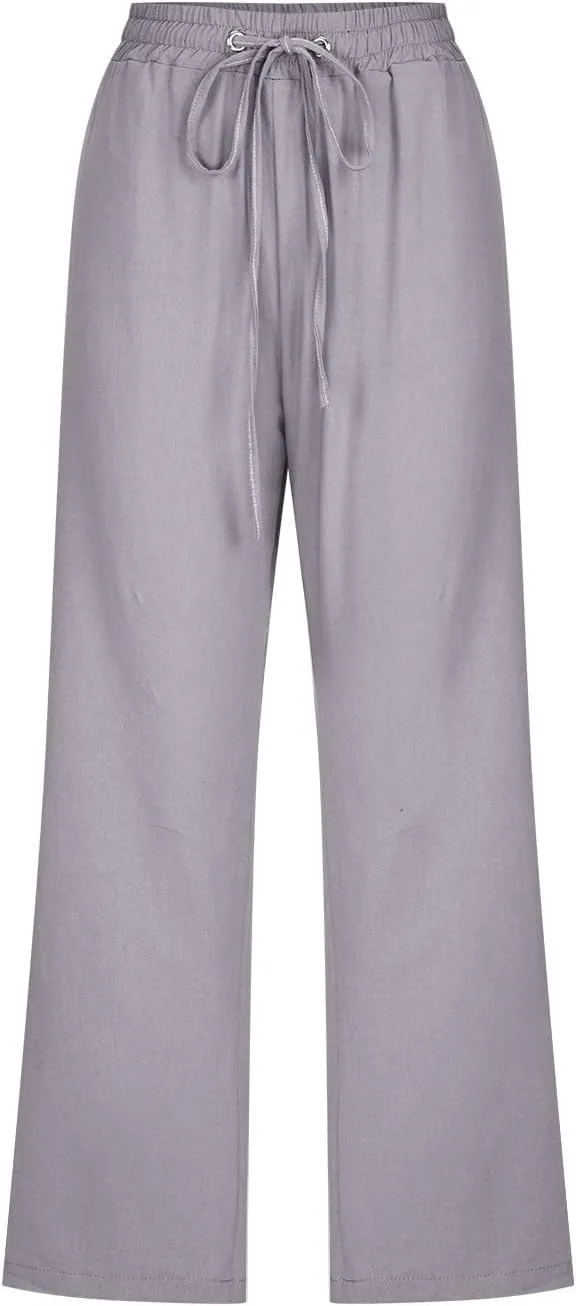 FZYLQY Capri Pants for Women Casual 2025 Summer Drawstring Elastic High Waist Linen Pant Straight Wide Leg Cropped Trousers