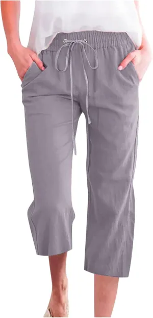 FZYLQY Capri Pants for Women Casual 2025 Summer Drawstring Elastic High Waist Linen Pant Straight Wide Leg Cropped Trousers