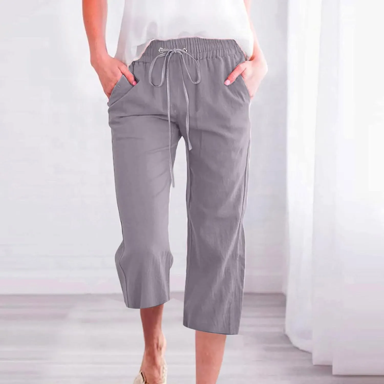 FZYLQY Capri Pants for Women Casual 2025 Summer Drawstring Elastic High Waist Linen Pant Straight Wide Leg Cropped Trousers