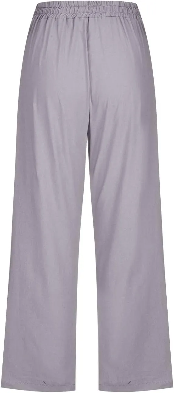 FZYLQY Capri Pants for Women Casual 2025 Summer Drawstring Elastic High Waist Linen Pant Straight Wide Leg Cropped Trousers