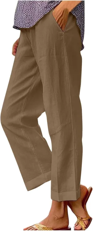 FZYLQY Cotton Linen Pants for Women Summer Elastic Waist Crop Pants Plus Size Straight Leg Slack Casual Trousers with Pocket