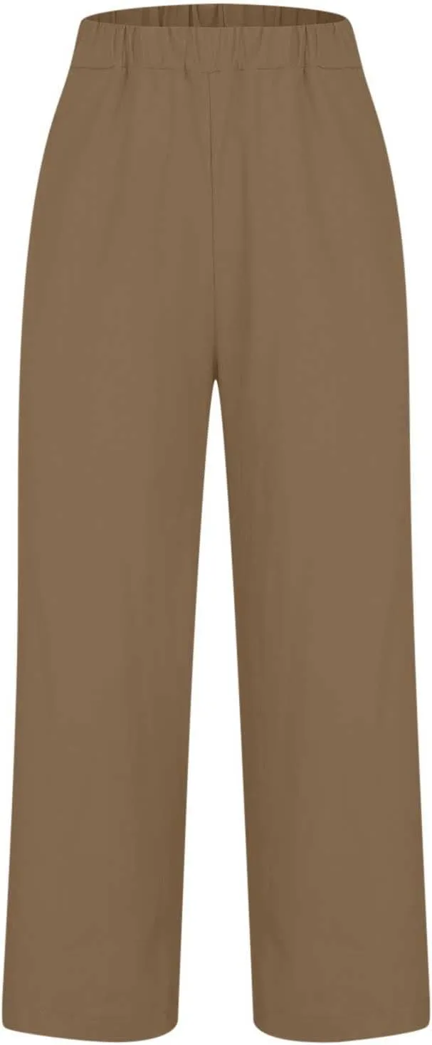 FZYLQY Cotton Linen Pants for Women Summer Elastic Waist Crop Pants Plus Size Straight Leg Slack Casual Trousers with Pocket