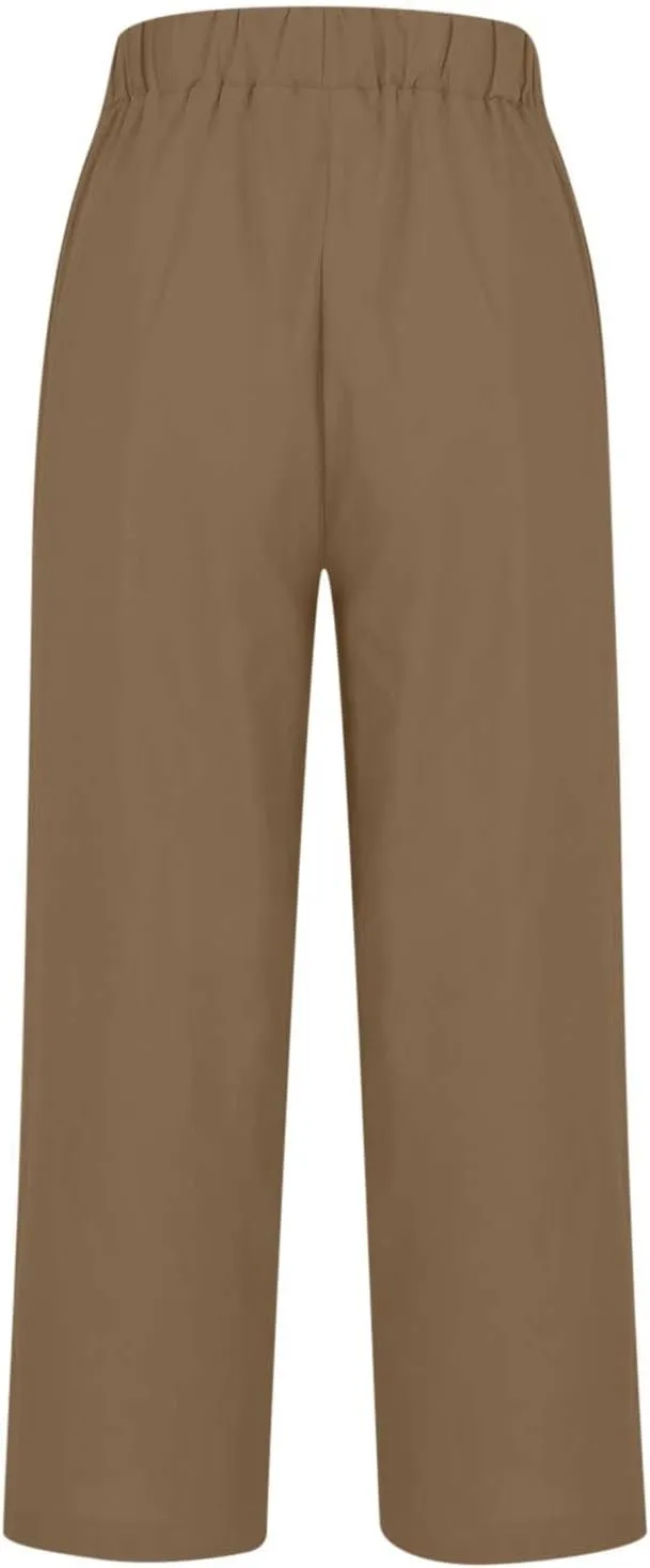 FZYLQY Cotton Linen Pants for Women Summer Elastic Waist Crop Pants Plus Size Straight Leg Slack Casual Trousers with Pocket