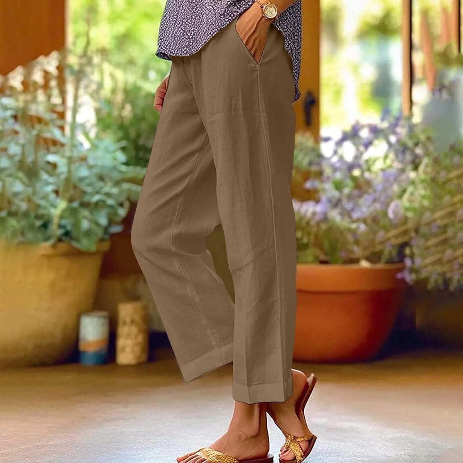 FZYLQY Cotton Linen Pants for Women Summer Elastic Waist Crop Pants Plus Size Straight Leg Slack Casual Trousers with Pocket