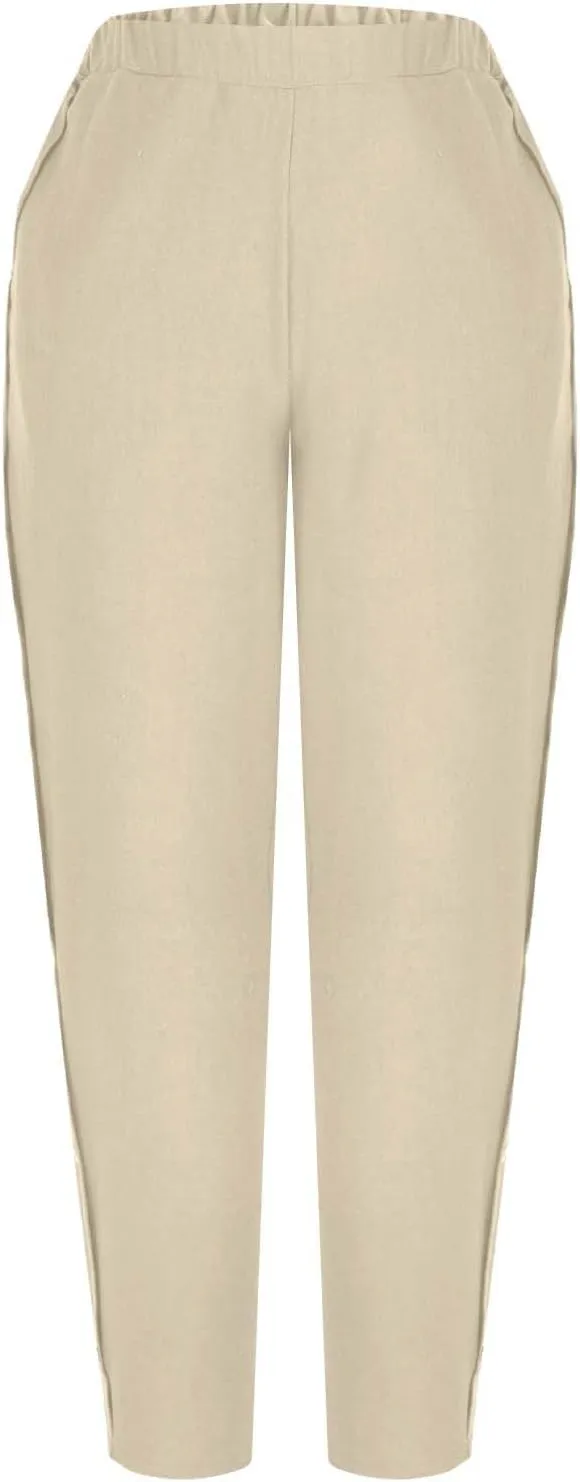 FZYLQY Linen Pants for Women 2025 High Waisted Wide Leg Trousers Trendy Striped Side Button Elastic Waist Summer Gauze Pants