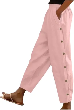 FZYLQY Linen Pants for Women 2025 High Waisted Wide Leg Trousers Trendy Striped Side Button Elastic Waist Summer Gauze Pants