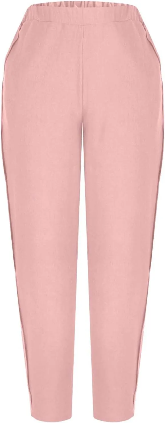 FZYLQY Linen Pants for Women 2025 High Waisted Wide Leg Trousers Trendy Striped Side Button Elastic Waist Summer Gauze Pants