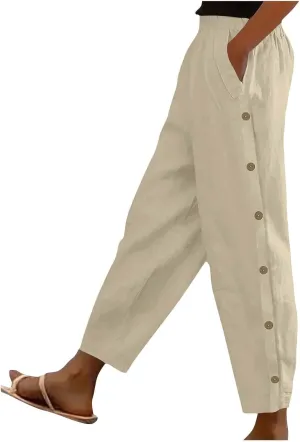 FZYLQY Linen Pants for Women 2025 High Waisted Wide Leg Trousers Trendy Striped Side Button Elastic Waist Summer Gauze Pants