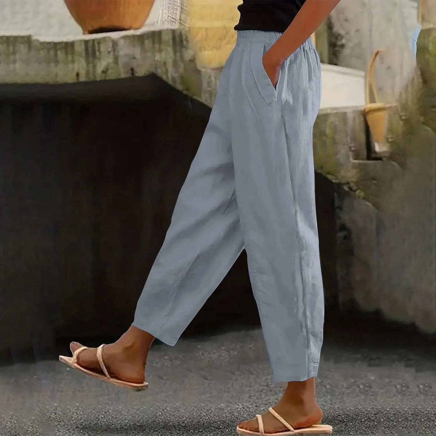 FZYLQY Linen Pants for Women Casual Elastic High Waist Linen Pants Wide Leg Plus Size Lounge Trendy Trousers with Pockets