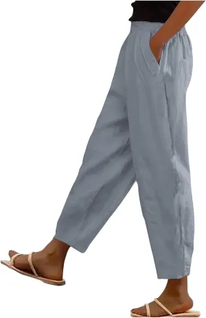 FZYLQY Linen Pants for Women Casual Elastic High Waist Linen Pants Wide Leg Plus Size Lounge Trendy Trousers with Pockets