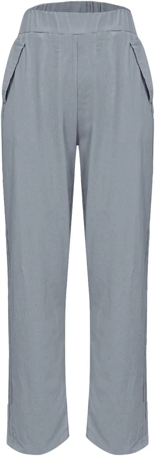 FZYLQY Linen Pants for Women Casual Elastic High Waist Linen Pants Wide Leg Plus Size Lounge Trendy Trousers with Pockets