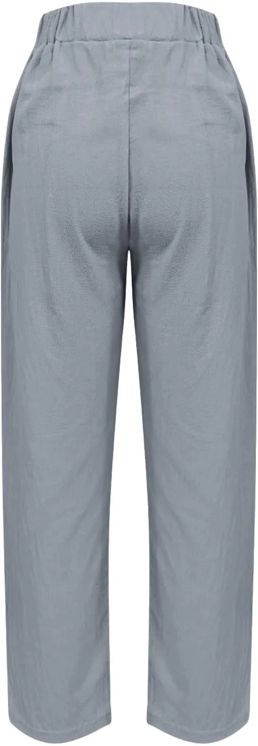 FZYLQY Linen Pants for Women Casual Elastic High Waist Linen Pants Wide Leg Plus Size Lounge Trendy Trousers with Pockets
