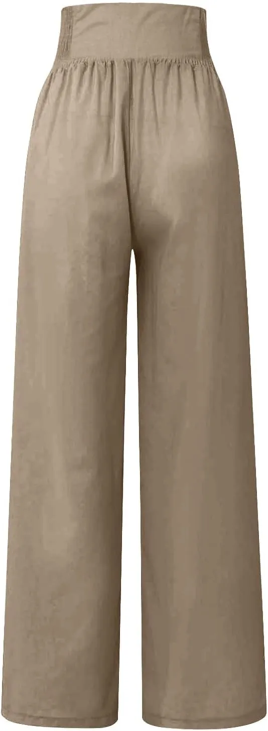 FZYLQY Linen Pants for Women Comfy Flowy Wide Leg Pants Trousers Summer High Waisted Beach Palazzo Pants with Pockets 2025