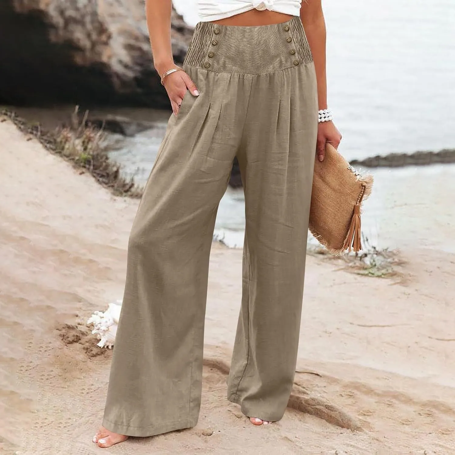 FZYLQY Linen Pants for Women Comfy Flowy Wide Leg Pants Trousers Summer High Waisted Beach Palazzo Pants with Pockets 2025