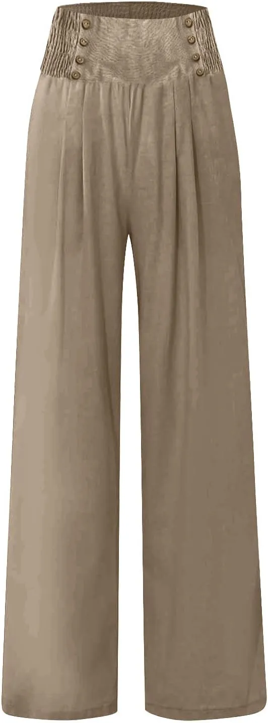 FZYLQY Linen Pants for Women Comfy Flowy Wide Leg Pants Trousers Summer High Waisted Beach Palazzo Pants with Pockets 2025