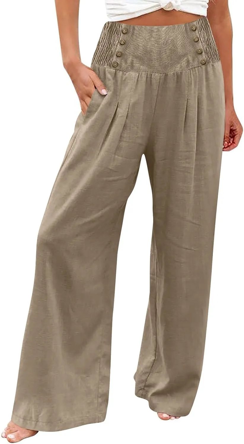 FZYLQY Linen Pants for Women Comfy Flowy Wide Leg Pants Trousers Summer High Waisted Beach Palazzo Pants with Pockets 2025