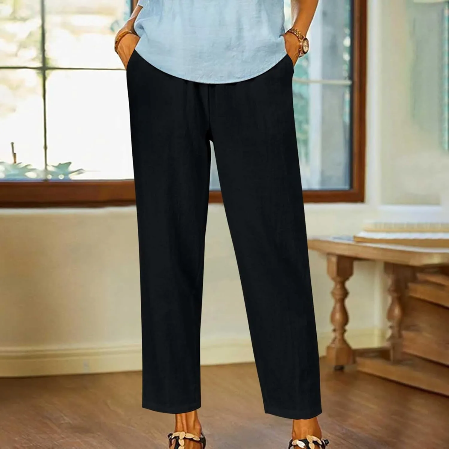 FZYLQY Linen Pants for Women Straight Leg Summer Trendy Elastic Waist Palazzo Beach Loose Fit Cropped Trousers with Pockets