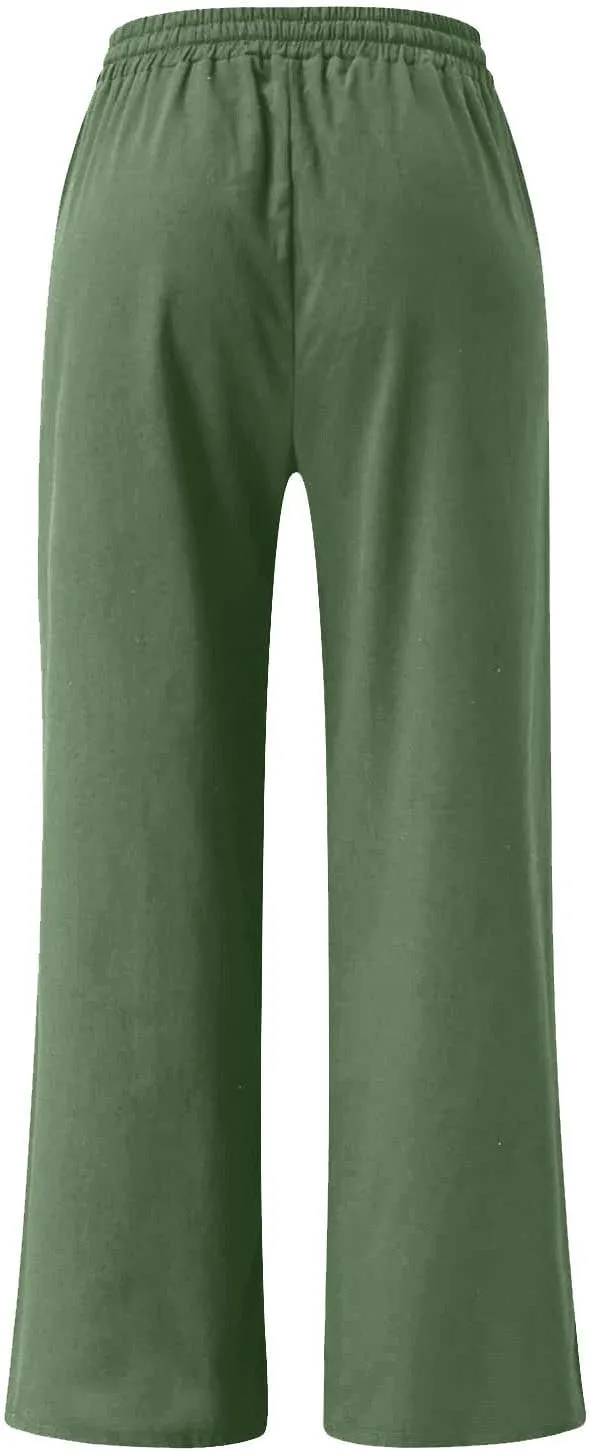 FZYLQY Plus Size Pants for Women 2025 Summer Casual Loose Fit Cotton Linen Pants High Waisted Drawstring Beach Trousers