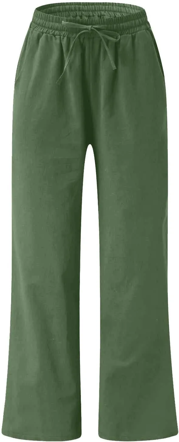 FZYLQY Plus Size Pants for Women 2025 Summer Casual Loose Fit Cotton Linen Pants High Waisted Drawstring Beach Trousers