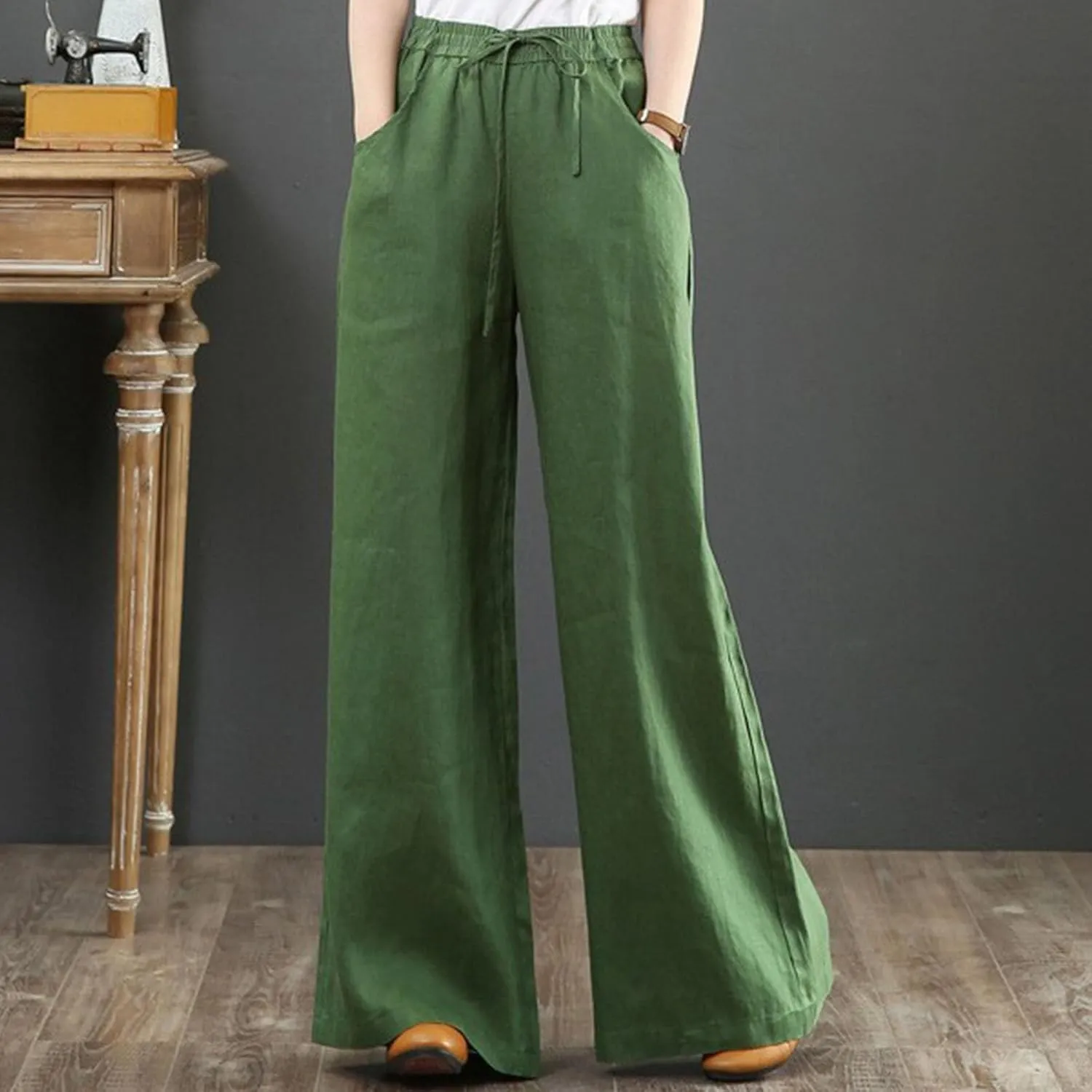 FZYLQY Plus Size Pants for Women 2025 Summer Casual Loose Fit Cotton Linen Pants High Waisted Drawstring Beach Trousers