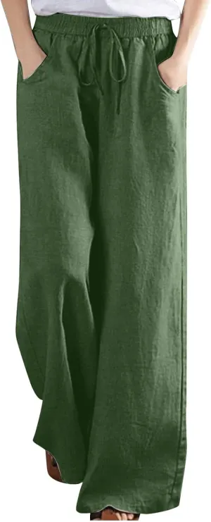 FZYLQY Plus Size Pants for Women 2025 Summer Casual Loose Fit Cotton Linen Pants High Waisted Drawstring Beach Trousers