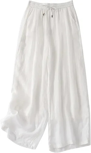 FZYLQY Wide Leg Pants for Women Cotton Linen Lounge Trousers Summer Trendy Solid Color Elastic Waist Drawstring Casual Pants