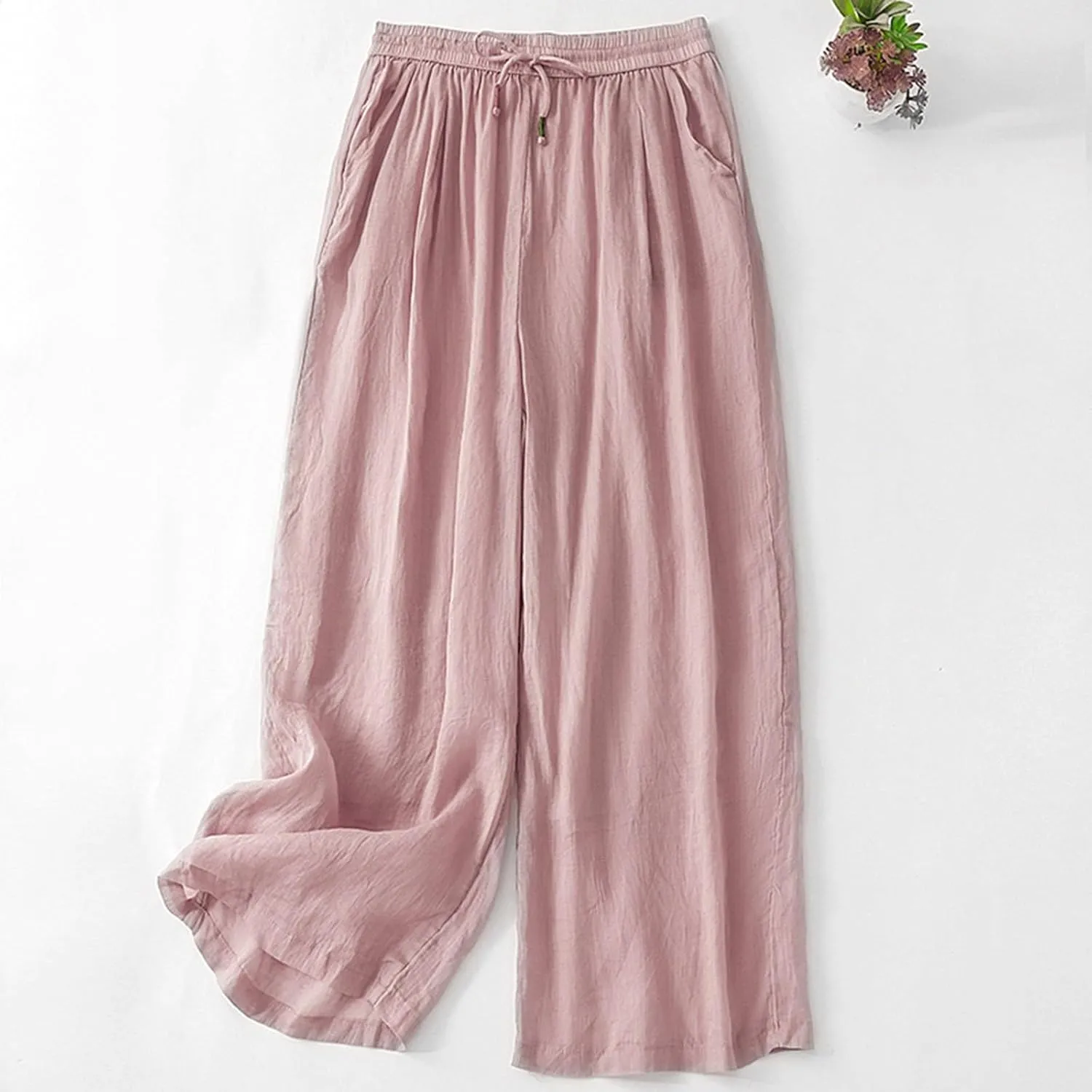 FZYLQY Wide Leg Pants for Women Cotton Linen Lounge Trousers Summer Trendy Solid Color Elastic Waist Drawstring Casual Pants