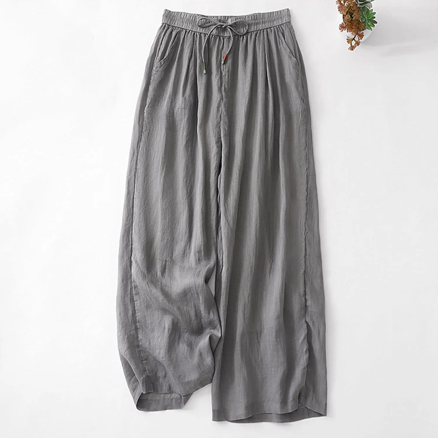 FZYLQY Wide Leg Pants for Women Cotton Linen Lounge Trousers Summer Trendy Solid Color Elastic Waist Drawstring Casual Pants