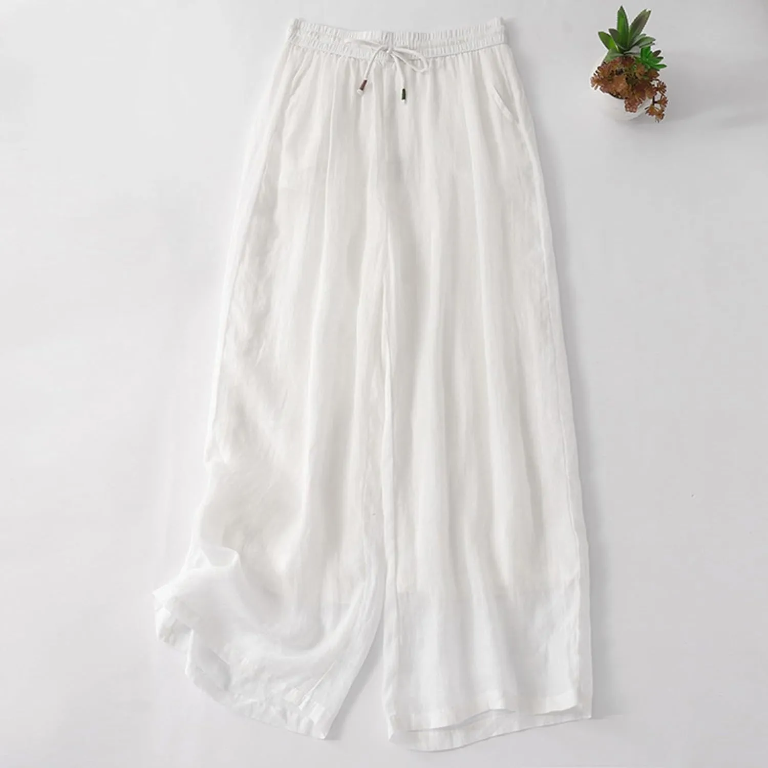 FZYLQY Wide Leg Pants for Women Cotton Linen Lounge Trousers Summer Trendy Solid Color Elastic Waist Drawstring Casual Pants