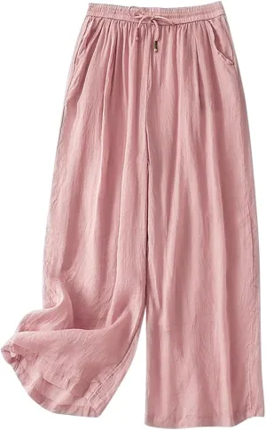 FZYLQY Wide Leg Pants for Women Cotton Linen Lounge Trousers Summer Trendy Solid Color Elastic Waist Drawstring Casual Pants