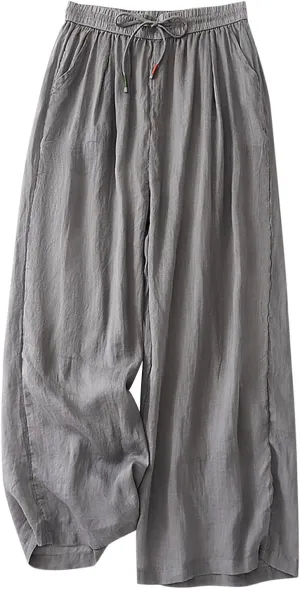FZYLQY Wide Leg Pants for Women Cotton Linen Lounge Trousers Summer Trendy Solid Color Elastic Waist Drawstring Casual Pants
