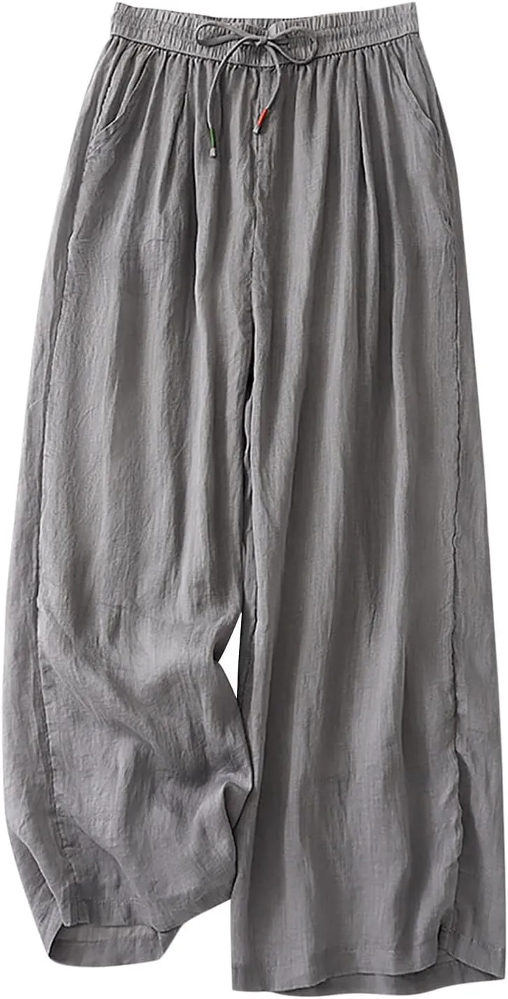 FZYLQY Wide Leg Pants for Women Cotton Linen Lounge Trousers Summer Trendy Solid Color Elastic Waist Drawstring Casual Pants