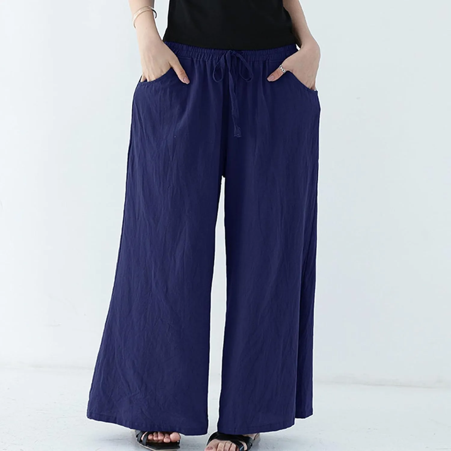 FZYLQY Women Drawstring Summer Linen Palazzo Pants Boho High Waisted Wide Leg Casual Long Lounge Pant Trousers with Pockets