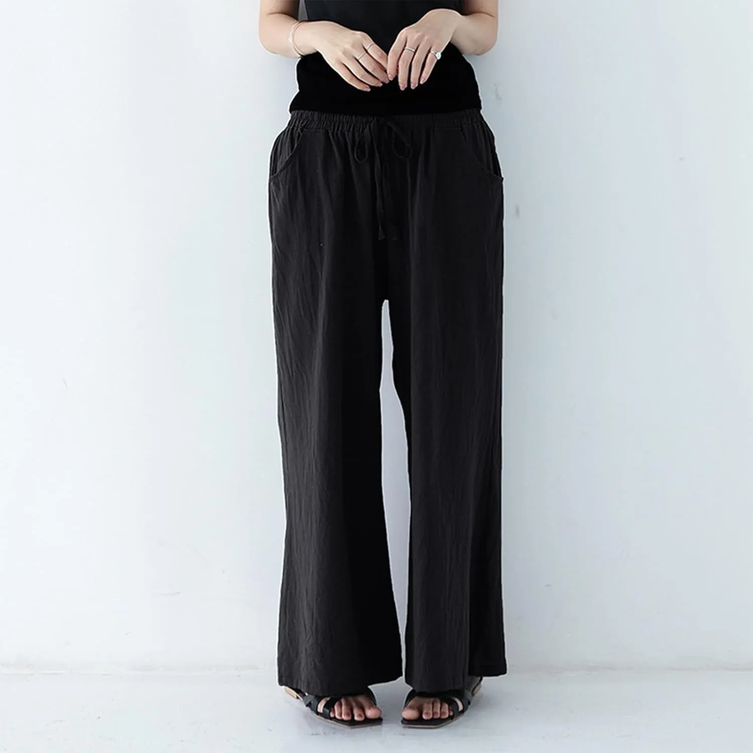 FZYLQY Women Drawstring Summer Linen Palazzo Pants Boho High Waisted Wide Leg Casual Long Lounge Pant Trousers with Pockets